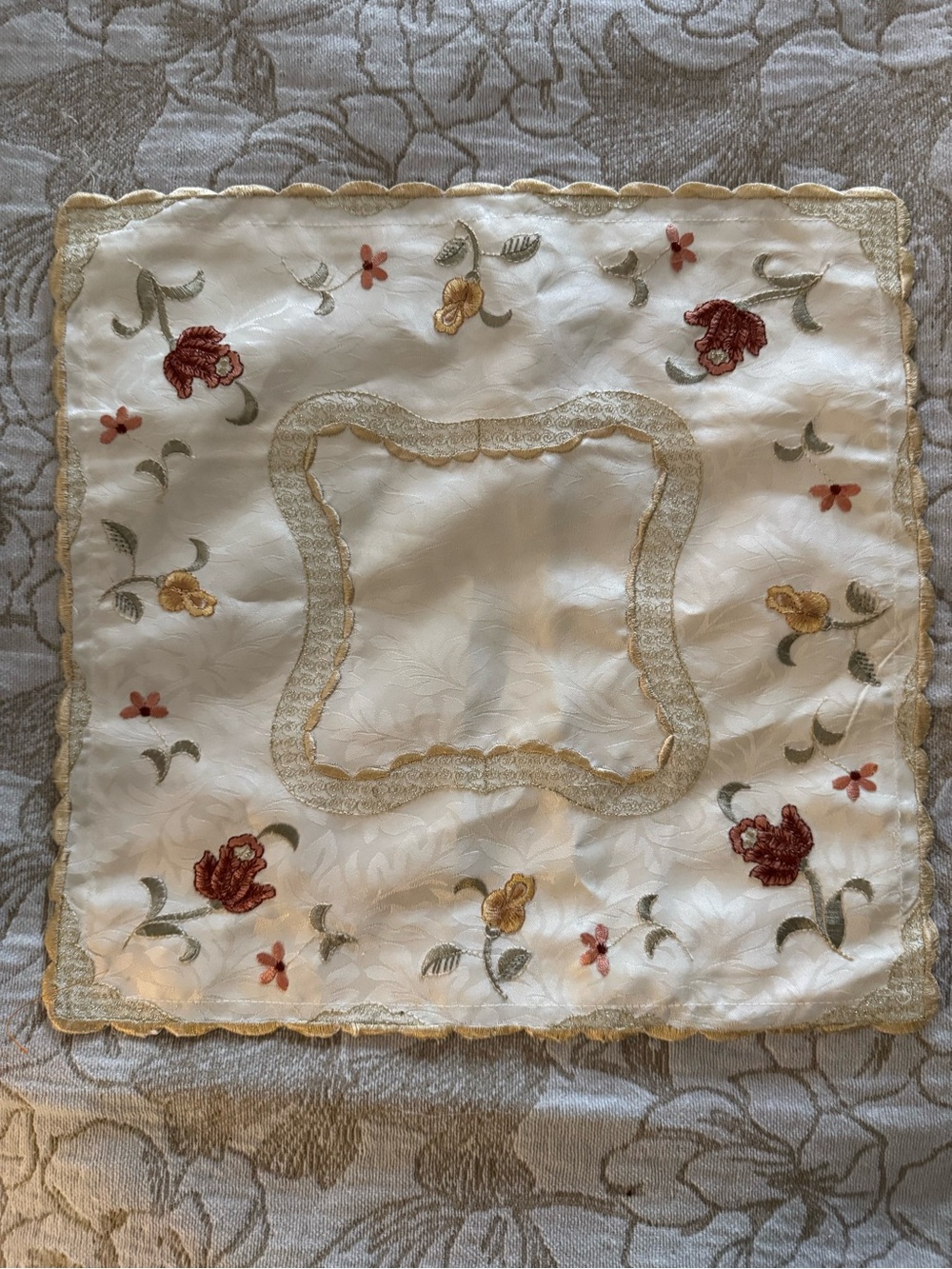 Set of two Vintage Embroidered Floral Pillow Covers 17x17 Ivory Satin Chinoiseri